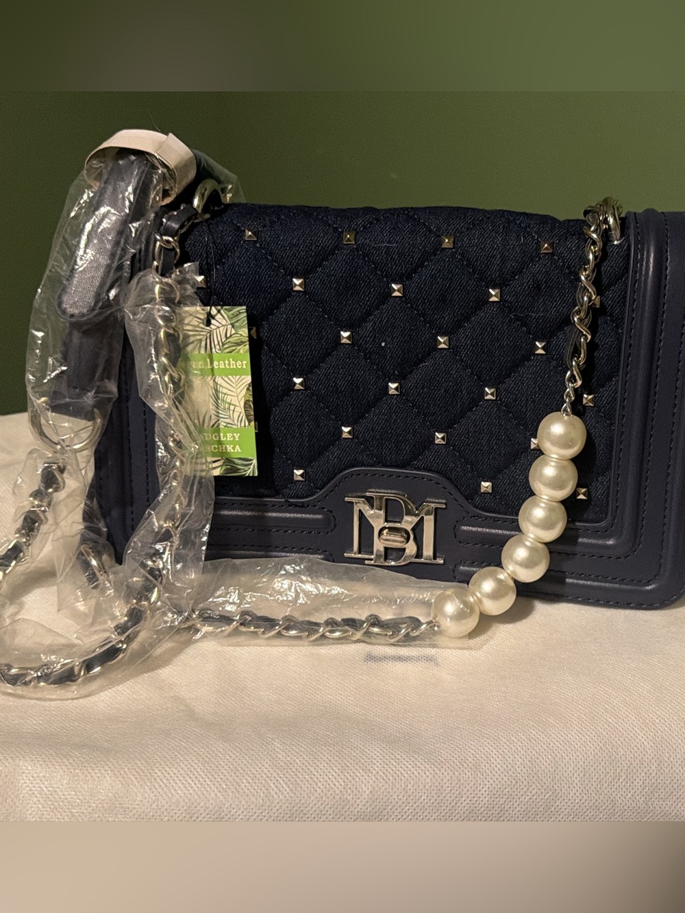 Badgley Mischka Navy Quilted Crossbody with Pearl Chain and Vegan Leather
